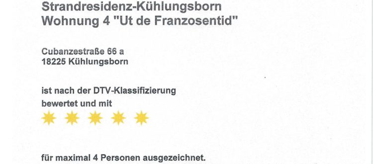 Klassifizierung Wohnung 4, Strandresidenz Kühlungsborn